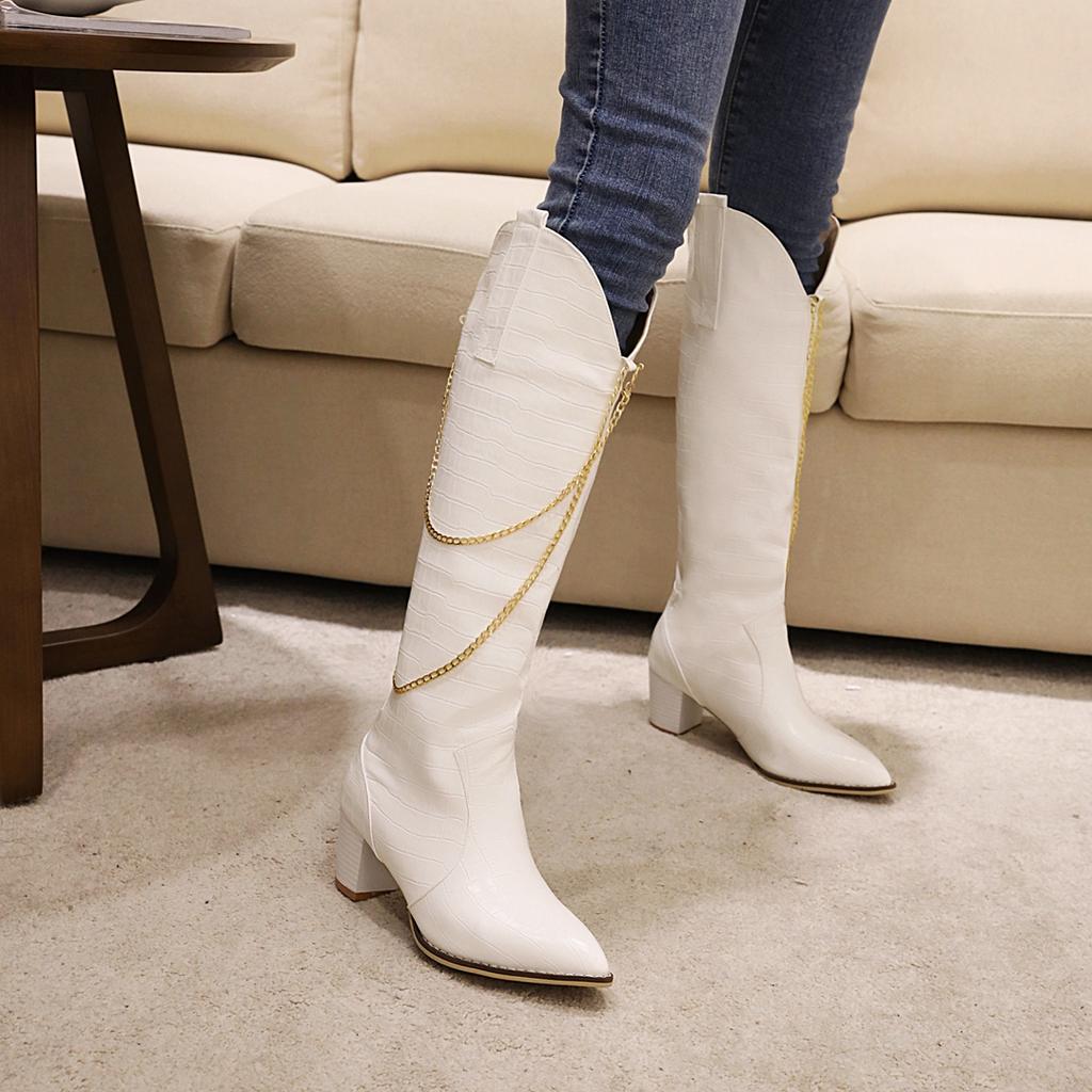 Women's high-heeled boots sexy European and American style crocodile pattern thick heel pointed large size medium boots