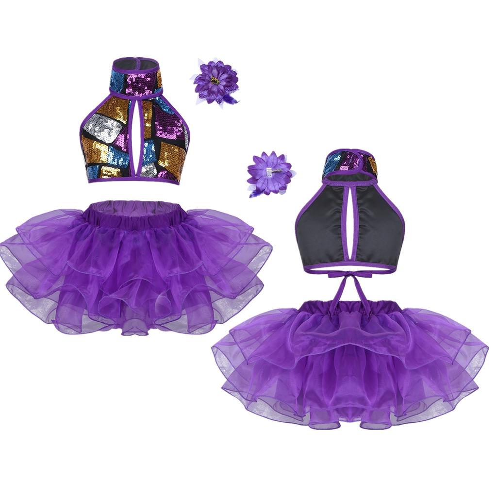 Bambina Ragazza Paillettes Tutù da Balletto Vestito Set Scollo all'americana Danza di Sala Lirica Jazz Costumi Palcoscenico Performance Gonna Danza Outfit