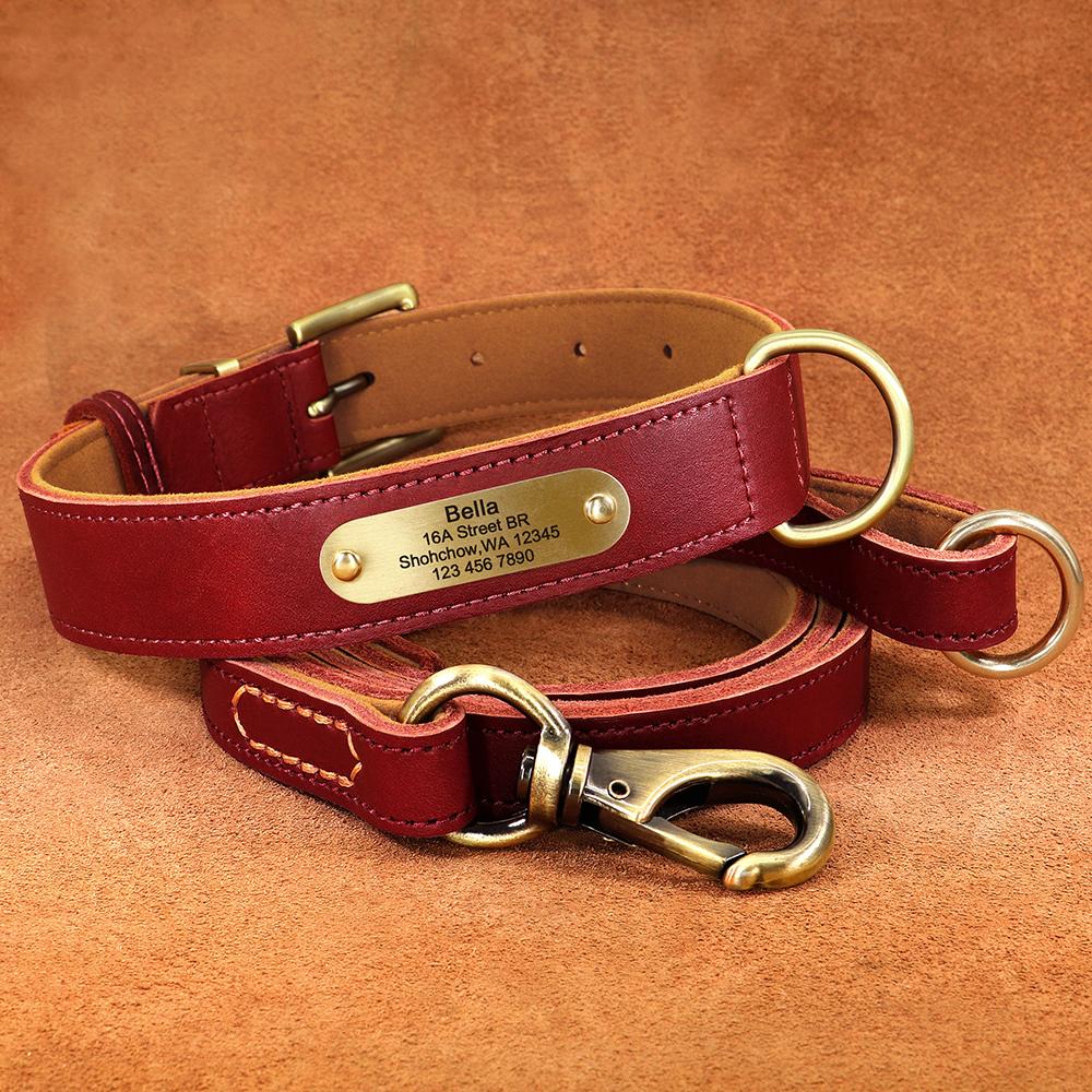 Personalized Dog Collar Leash Set Custom Leather Dog Tag Collars Free Engraved Nameplate For Small Medium Large Dogs Pitbull
