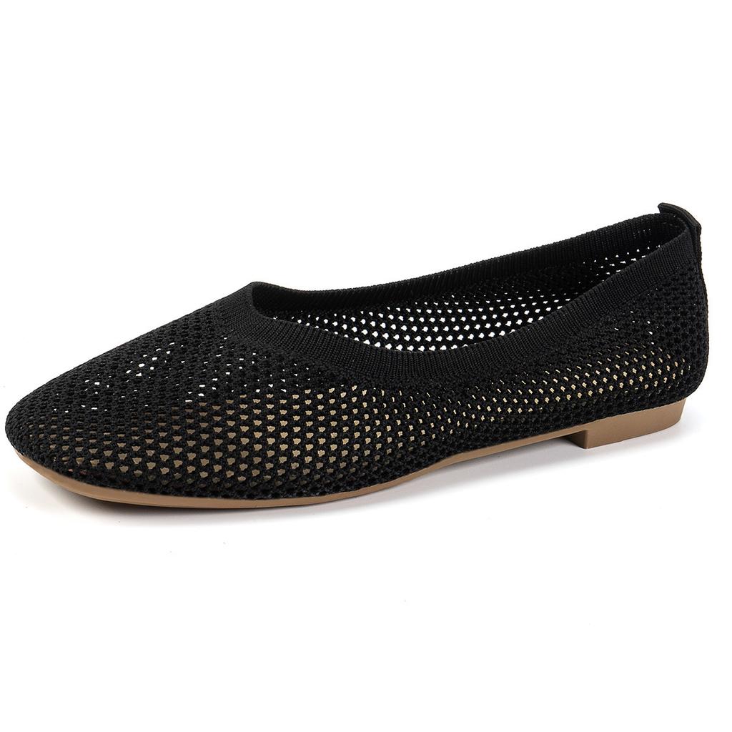 European and American new large-size autumn fly-woven mesh breathable low-top single shoes women's hollow solid-color square-head beanie shoes
