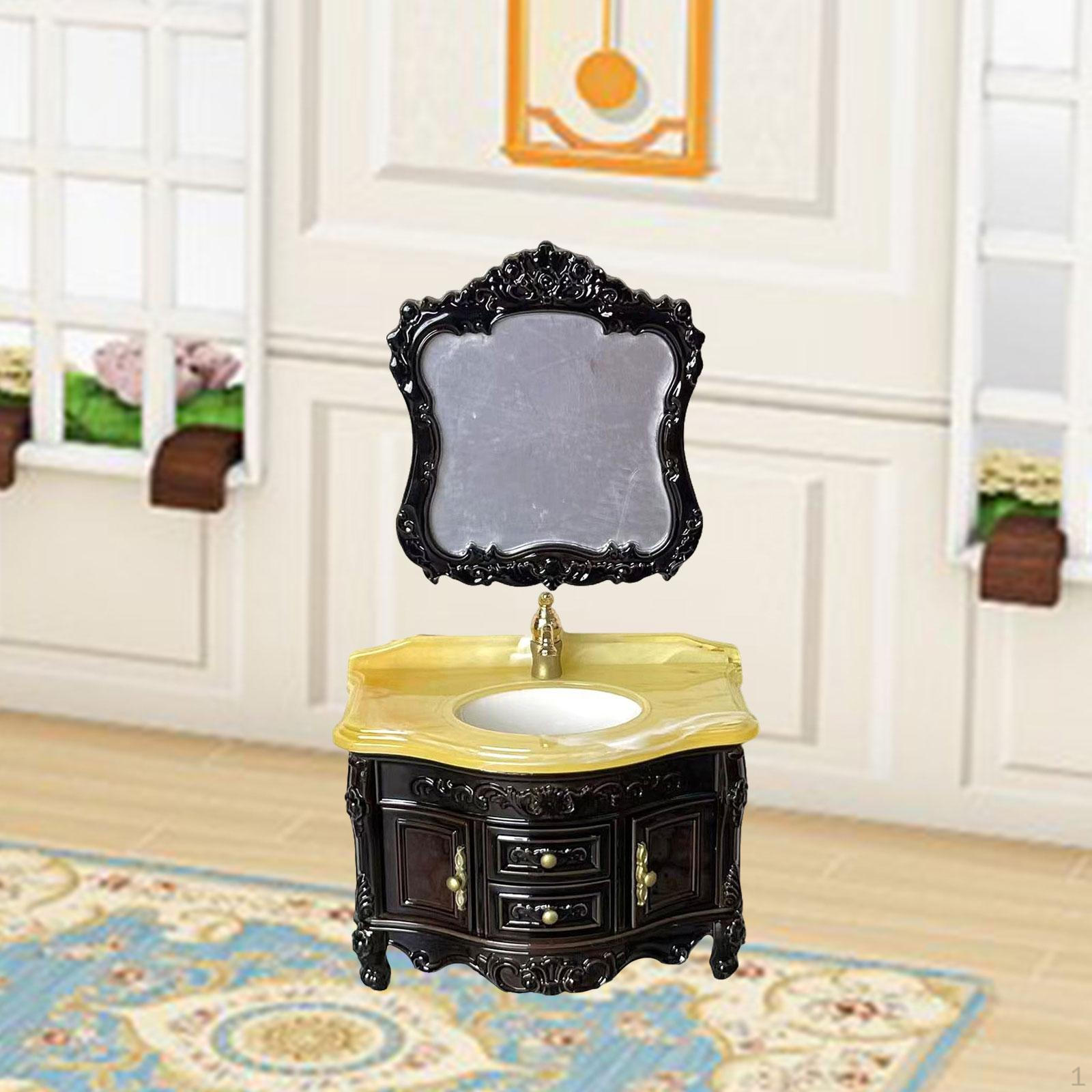 1/12 Кукольный домик Ванная комната Мини Раковина DIY Аксессуар с Зеркало Модель для Life Scene Макет black brown