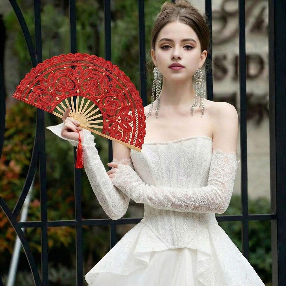 Hollow Ribs Vintage Lace Hand Fan Tassel Pendant Dance Handheld Fan Wedding Party