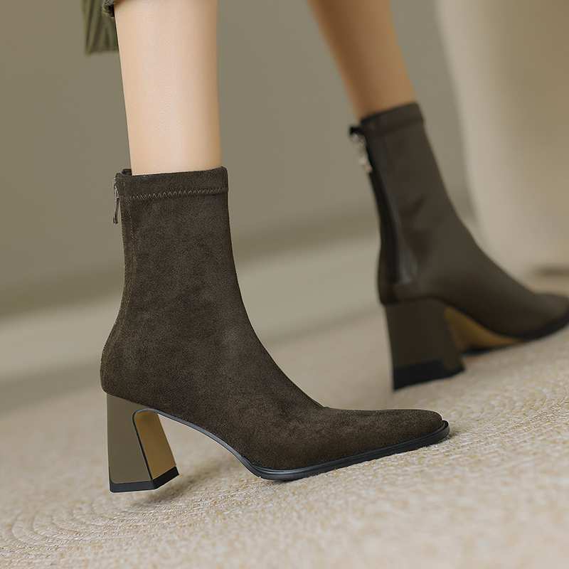 Krazing Pot Microfiber Flock Winter Square Toe Thick High Heels Slip on Stretch Boots Stovepipe Women Ankle Boots