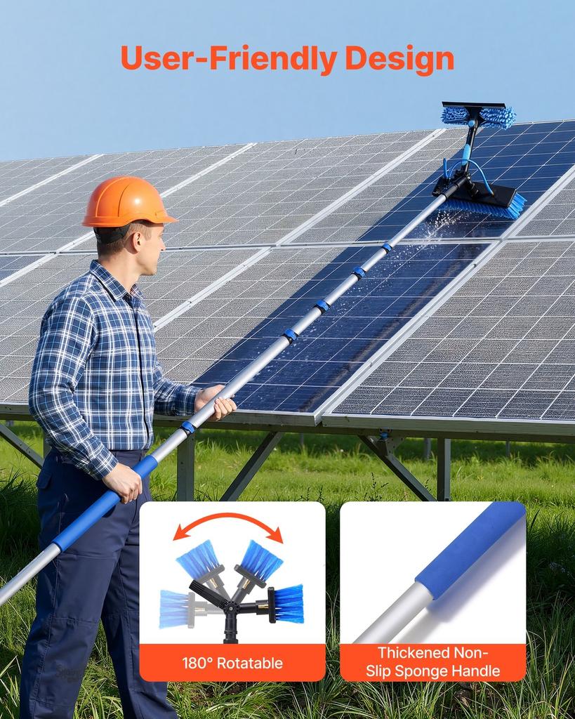Solar Panel Cleaning Kit, 12.03 m, Water Fed Pole Kit with Cleaning Brush, Soap Dispenser, Extendable Aluminum Telescopic Pole, 180° Rotatable Brush