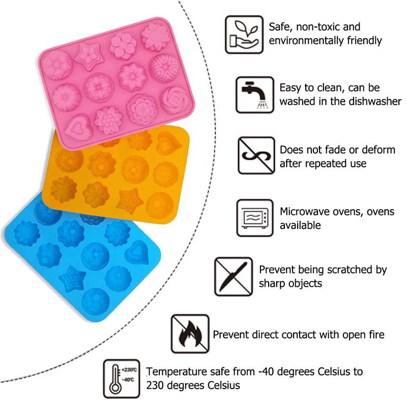 12-Cavity Silicone Flower Molds Non-Stick Baking Pans for Candy Chocolate Muffin Jelly Kitchen DIY
