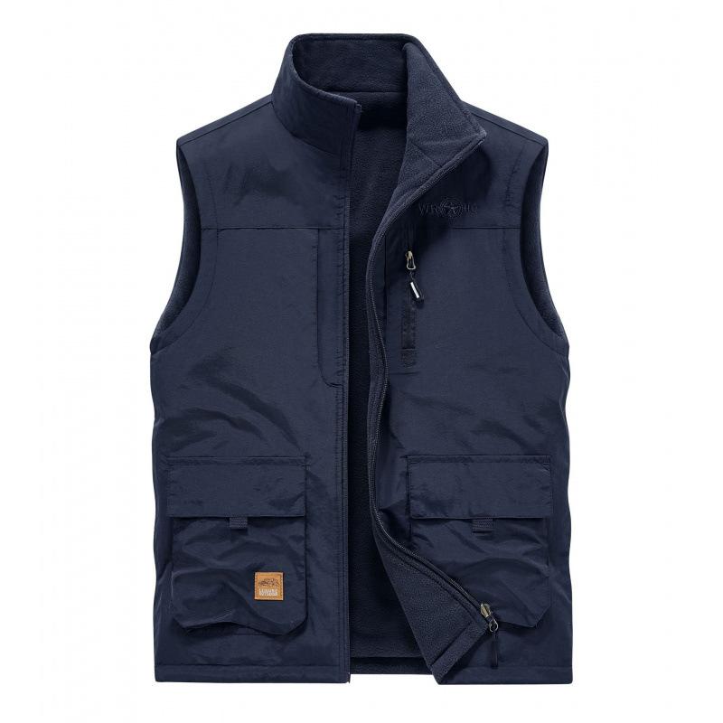 Men's Large Size Winter Warm Velvet Thickened Sleeveless Vest, Double-sided Wear Multi-bag Waterproof Vest