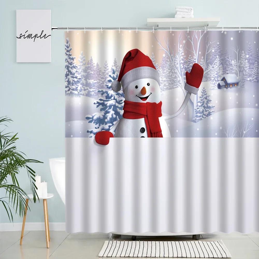 Funny Christmas Snowman Shower Curtains Winter White Forest Cedar Xmas Ball New Year Holiday Decor Bathroom Fabric Bath Curtain