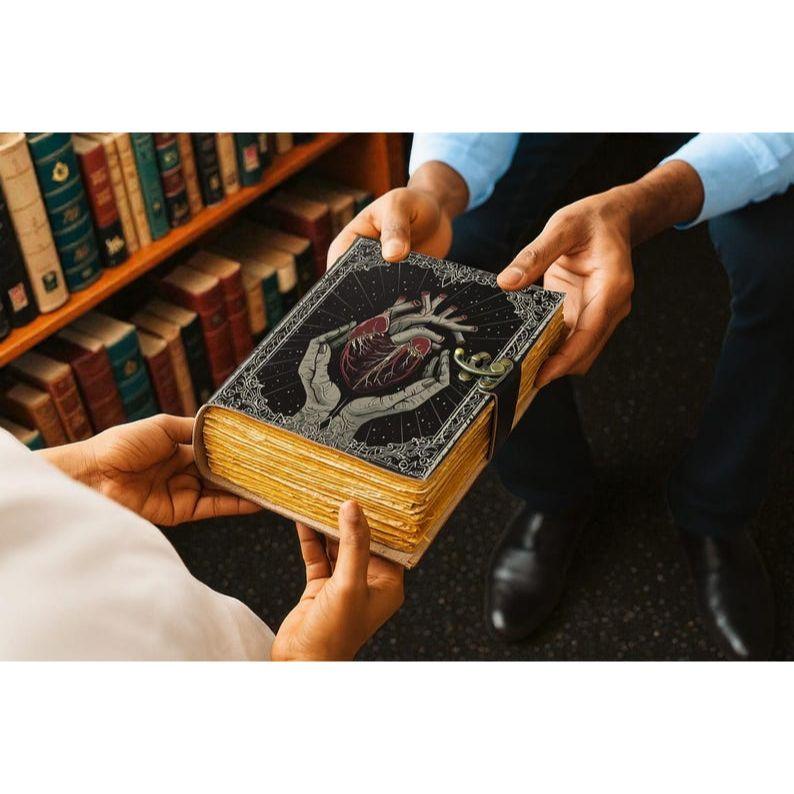 Gothic Leather Journal Anatomical Heart with Lock: Witchy Floral Notebook
