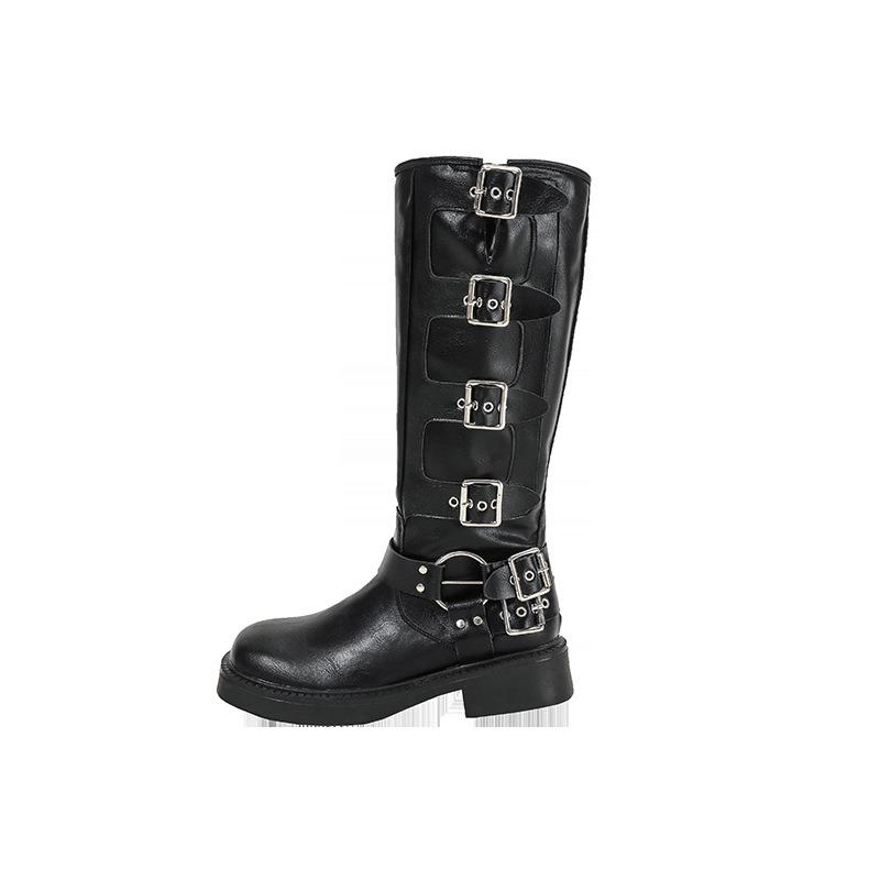 Leather Coarse Heel Martin Boots Women's Western Cowboy Boots Vintage Maillard Tall Belt Buckle Square Head Knight Boots