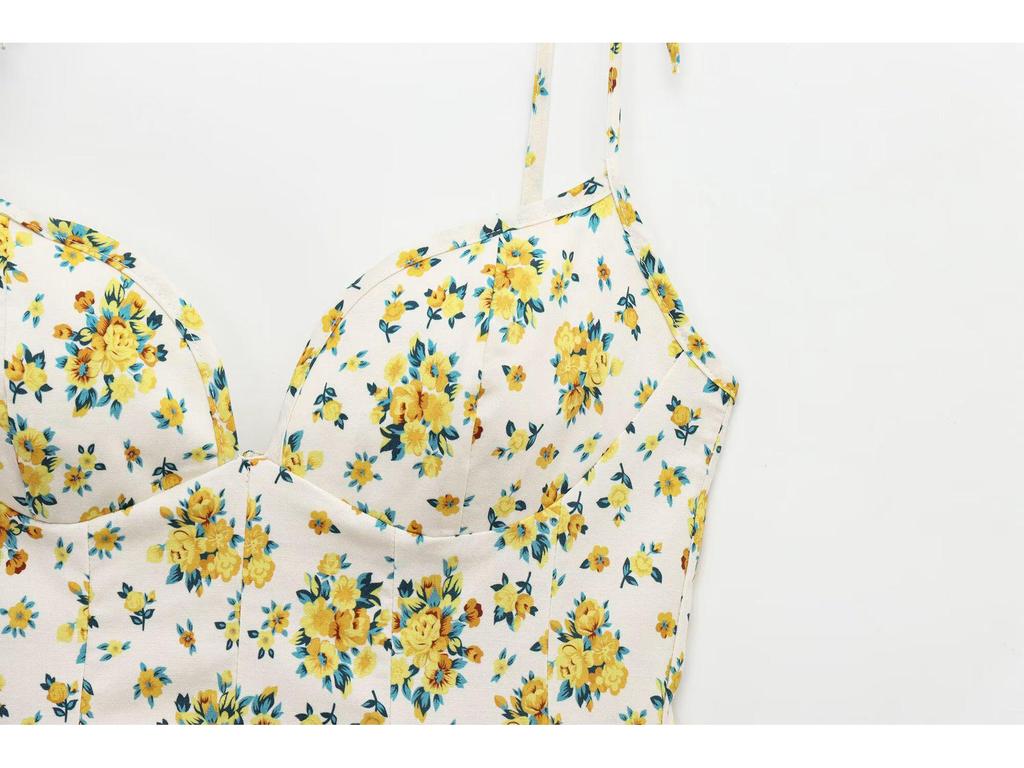 2025 European & American V-Neck Backless Floral Sling Dress with Bow