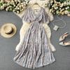 Women's V Neck Floral Chiffon Maxi Dress High Waist A-Line Casual Dress for Summer Vacation