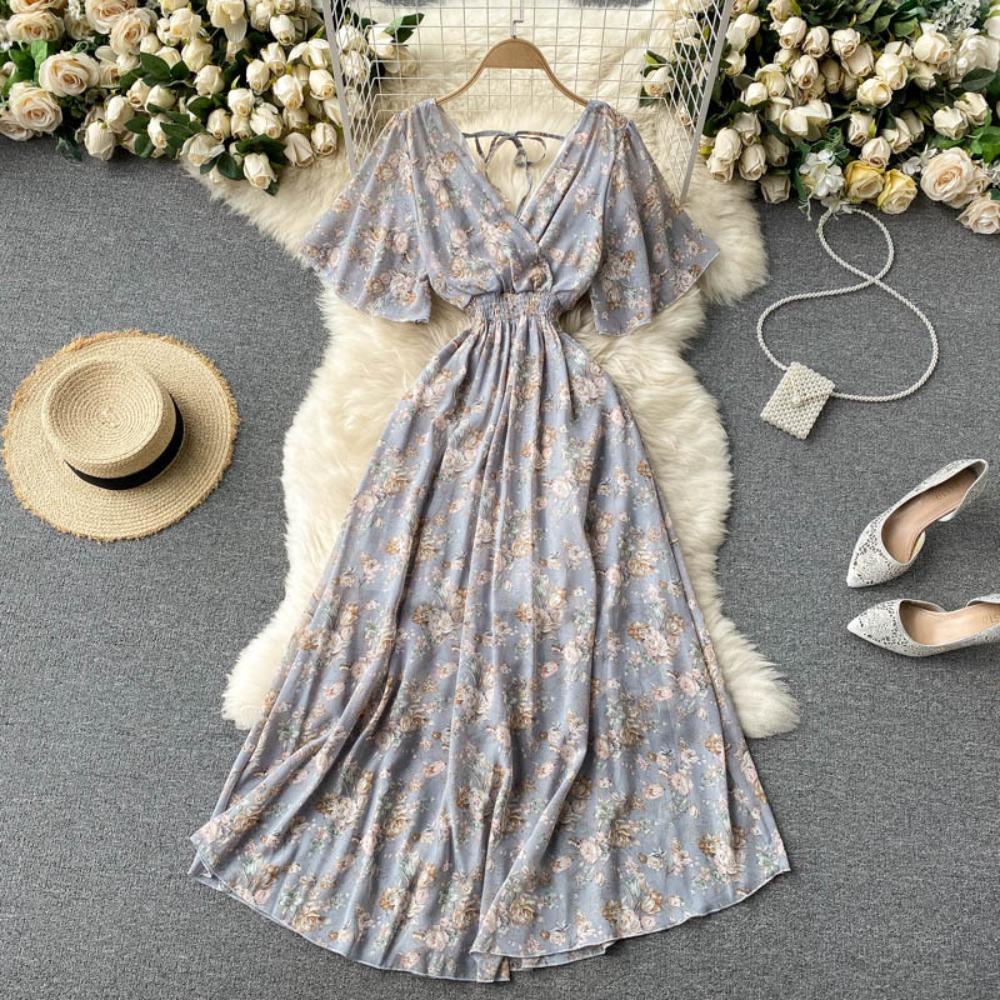 Women's V Neck Floral Chiffon Maxi Dress High Waist A-Line Casual Dress for Summer Vacation