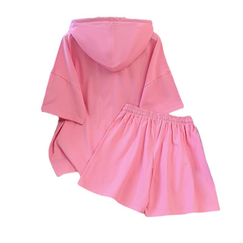 T-shirt a maniche corte con cappuccio Pantaloncini Completo due pezzi da donna estivo largo casual stile sportivo alla moda