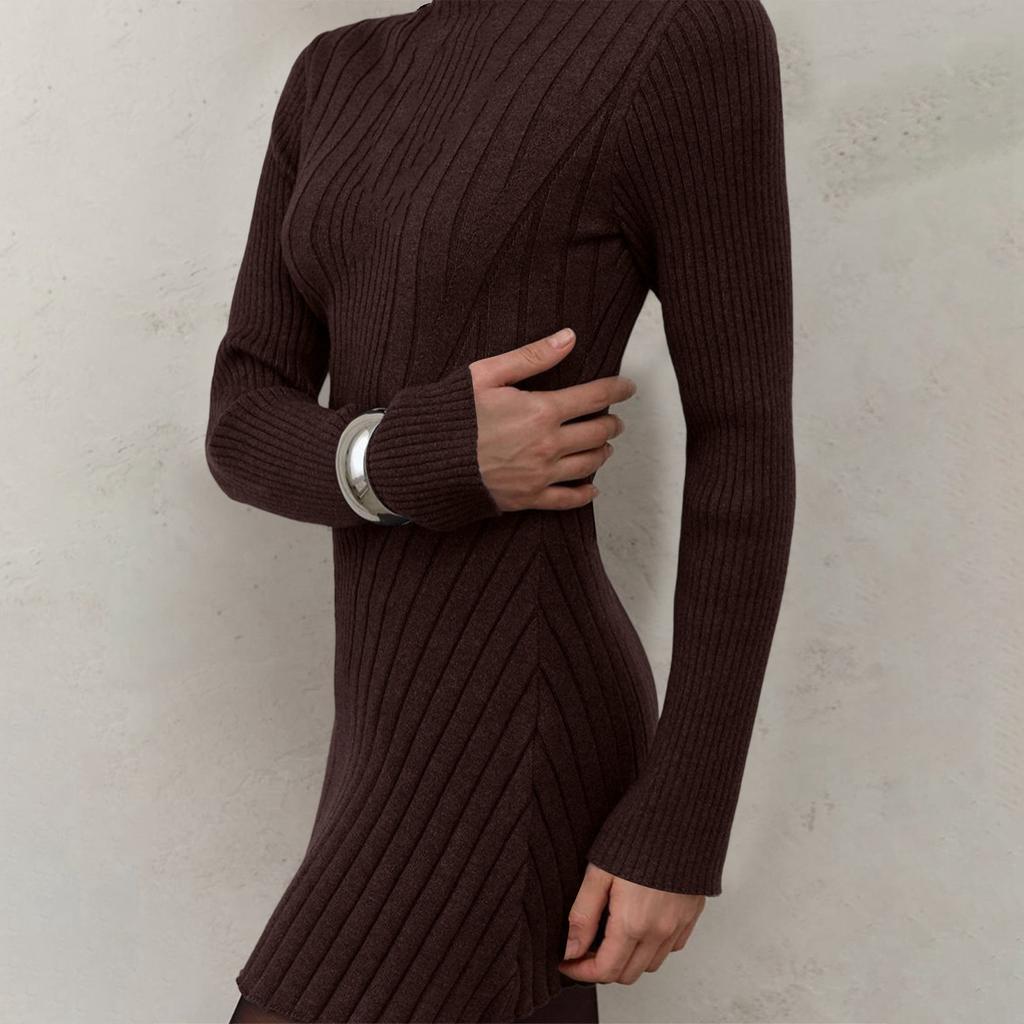 Women's Long-Sleeve Half-High Neck Elegant Playful A-Line Knit  Dress