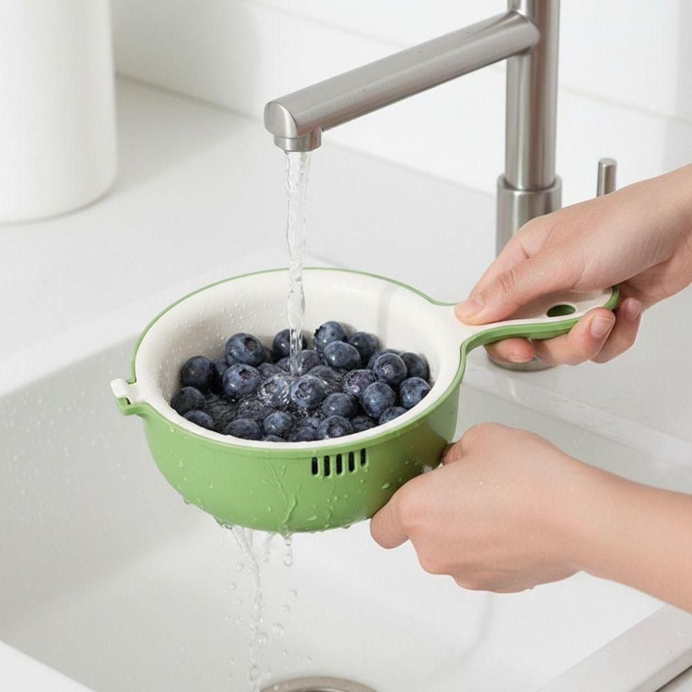 Modern Double-layer Fruit Washing Basket Space-saving Thickened Berry Cleaning Bowl Hanging with Handle Rice Basin Snack
