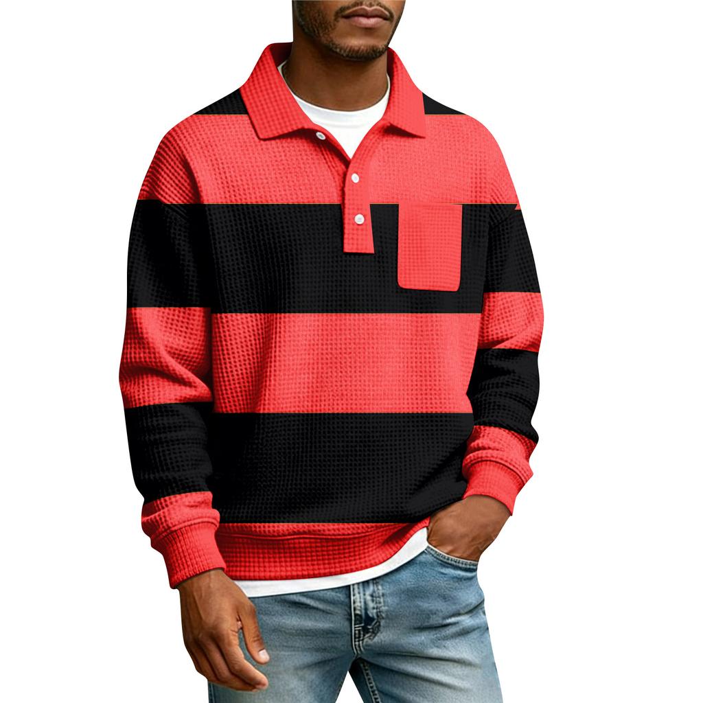 Herren Gestreiftes Einreihiges Langarmhemd Mit Kragen Und Taschen Lässiges Sport-T-Shirt