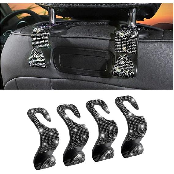 Bling Car Seat Headrest Hooks, 4PCS Handcrafted Rhinestones Seat Hanger Organizer For Handbag Purse Scarf, Universal For Cars, Auto Interior