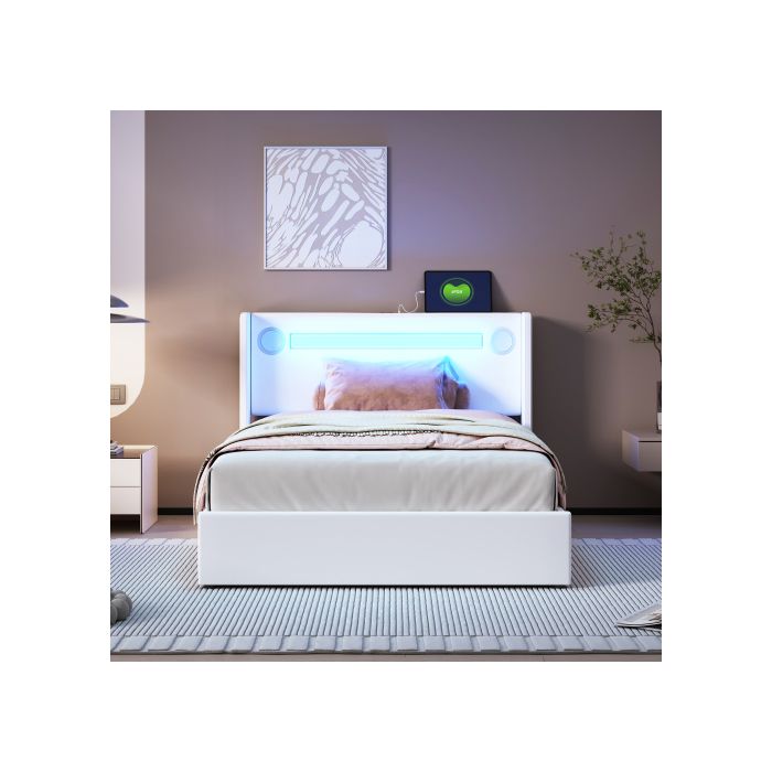 Lit D'enfant - MUVOE - 90x200 - Bluetooth - LED - Rangement Hydraulique