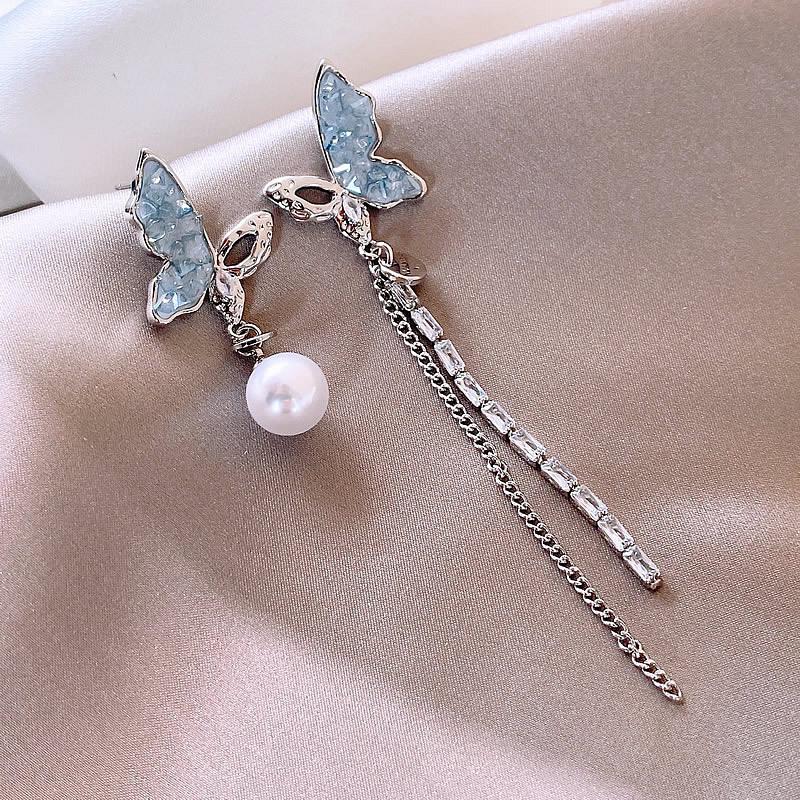 Silver Needle Butterfly Heart Earrings with Blue Gradient Drip - Elegant Autumn/Winter Studs