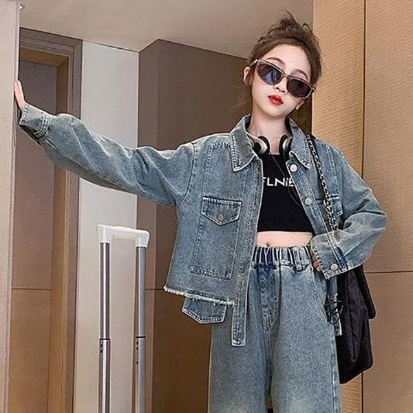 

Джинсовий костюм для дівчаток, осінні дитячі штани з широкими штанинами, модне пальто з двох частин, костюм для дівчаток великого розміру 150