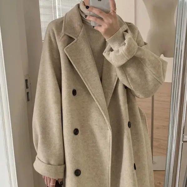

Пальто из шерсти средней длины для женщин, осенне-зимнее, элегантное, свободного кроя, утолщенное S