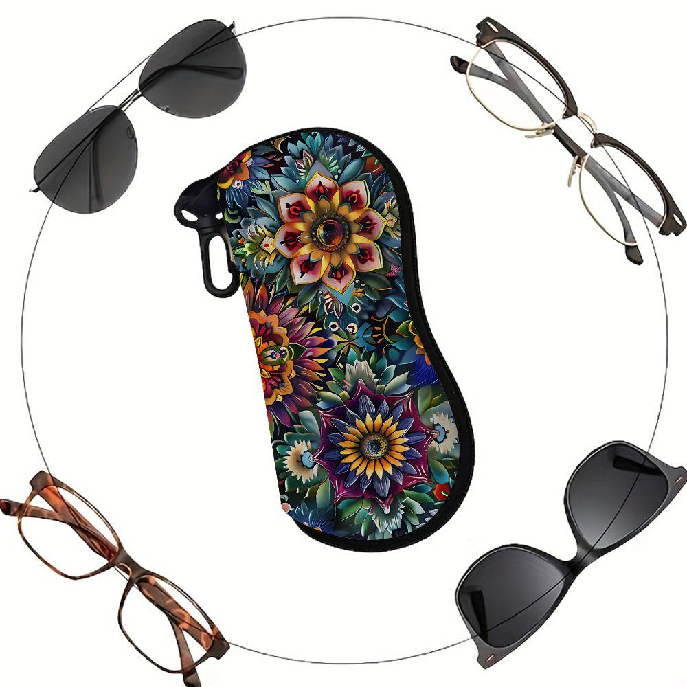 2D-Boho Floral Pattern Zipper Sunglasses Case, Vintage Mandala Print Eyeglasses Protective Holder, Portable Travel Eyewear Organizer for Women Men