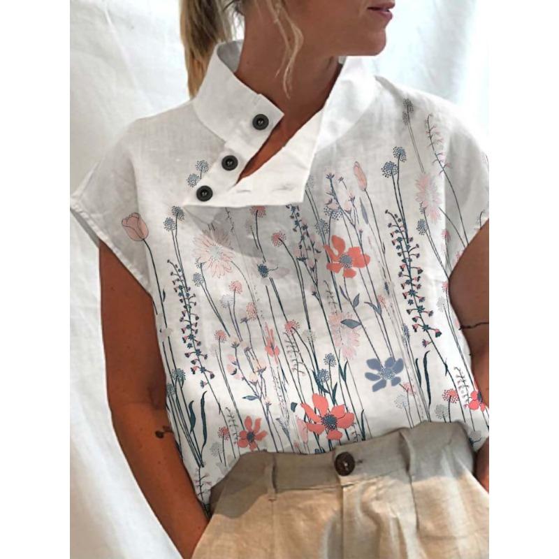 TIFICY Women s Fashion Casual Summer Spring Flower Pattern Print Short Sleeve Stand-Neck Blouses & Shirts S