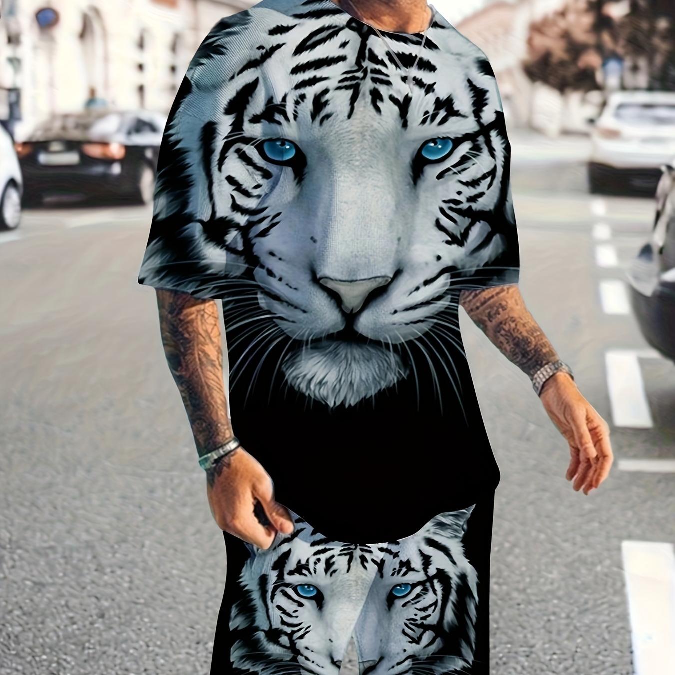 

3d узор тигра, мужские комплекты из 2 предметов, удобная футболка с коротким рукавом и повседневные шорты на лето, мужская одежда 6XL