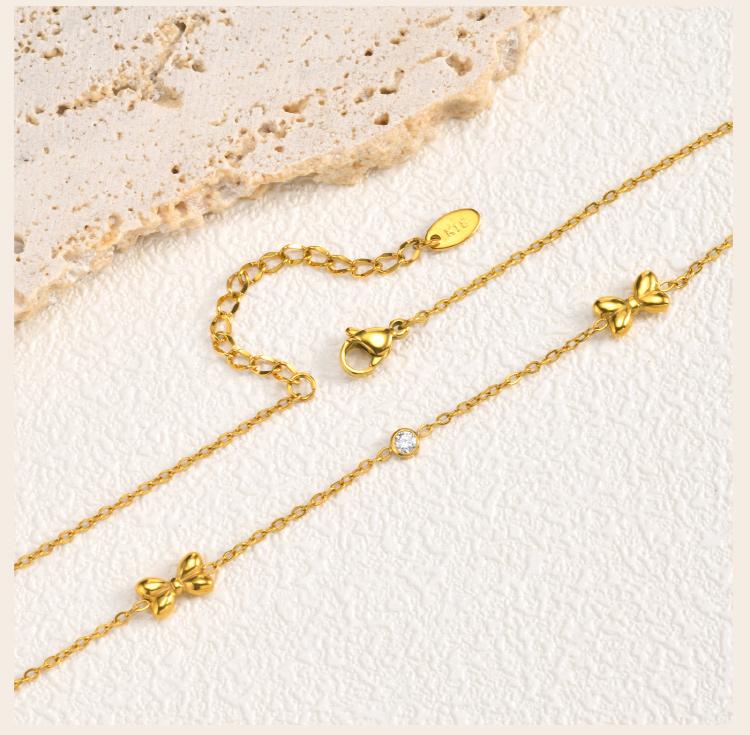 Bow Necklace, Stainless Steel 18K Gold Plated Station Zircon Necklace for Women Charms Choker Jewelry