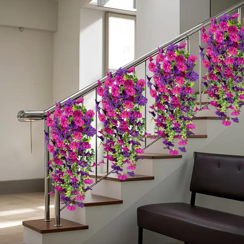 2 ks Umělých závěsných popínavých rostlin Ranní sláva odolných proti UV záření – Živé fialové, růžové a zelené umělé květiny pro venkovní zahradní dekoraci, svatby, kancelář