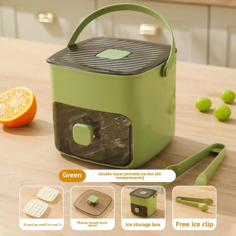 

48 Grid Press Type Double Layer Ice Cube Mold Maker Large Capacity Easy To Demold Handheld Ice Box with Lid Clip Food Grade зелёный