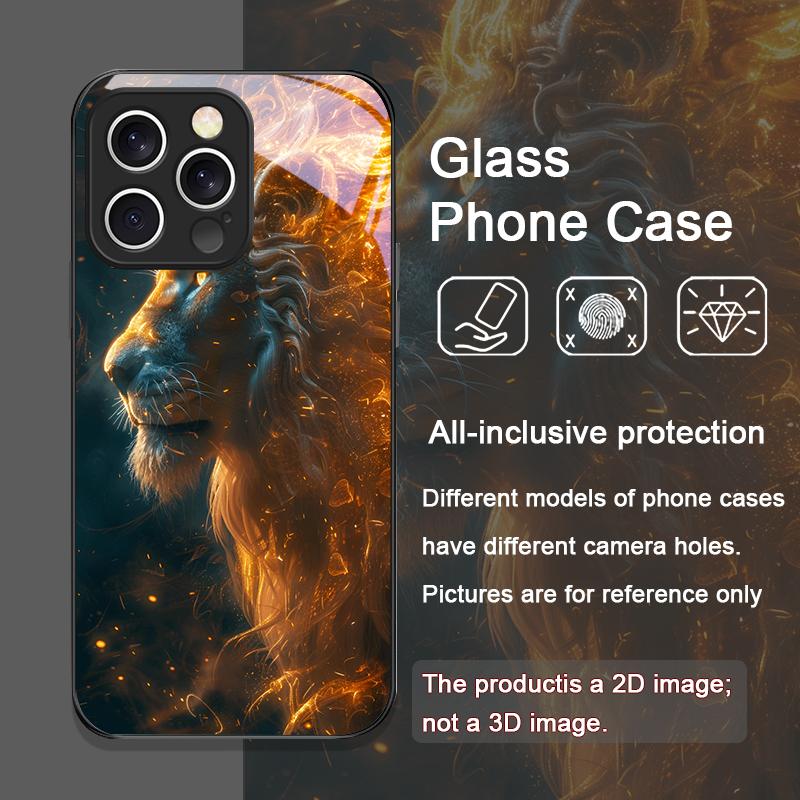 Luxurious Golden Flame Lion Pattern Tempered Glass Phone Case for IPhone 16 Pro Max 15 14 13 12 Mini 11 PRO XS XR 7 8 Plus Cover