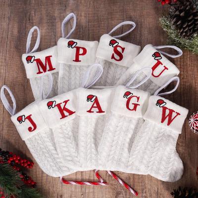 Cross-Border White Knitted Christmas Stocking with Letter Embroidery – Decorative Gift Bag Ornament.