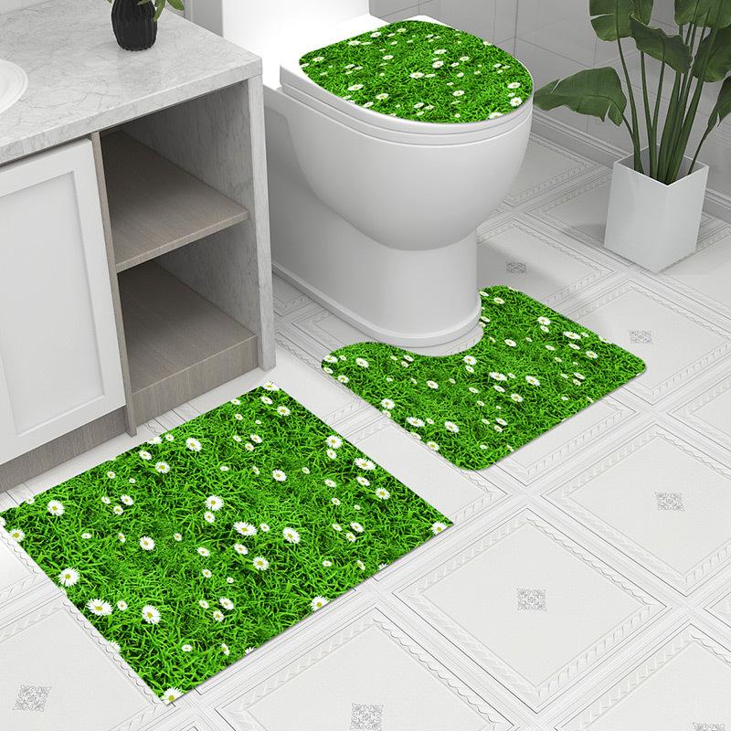 3pcs Bath Mat Set Bohemia Flower Anti-Slip Carpet Doormat Toilet Lid Toilet Seat CoverToilet Seat Mat Bath Rug Accessories