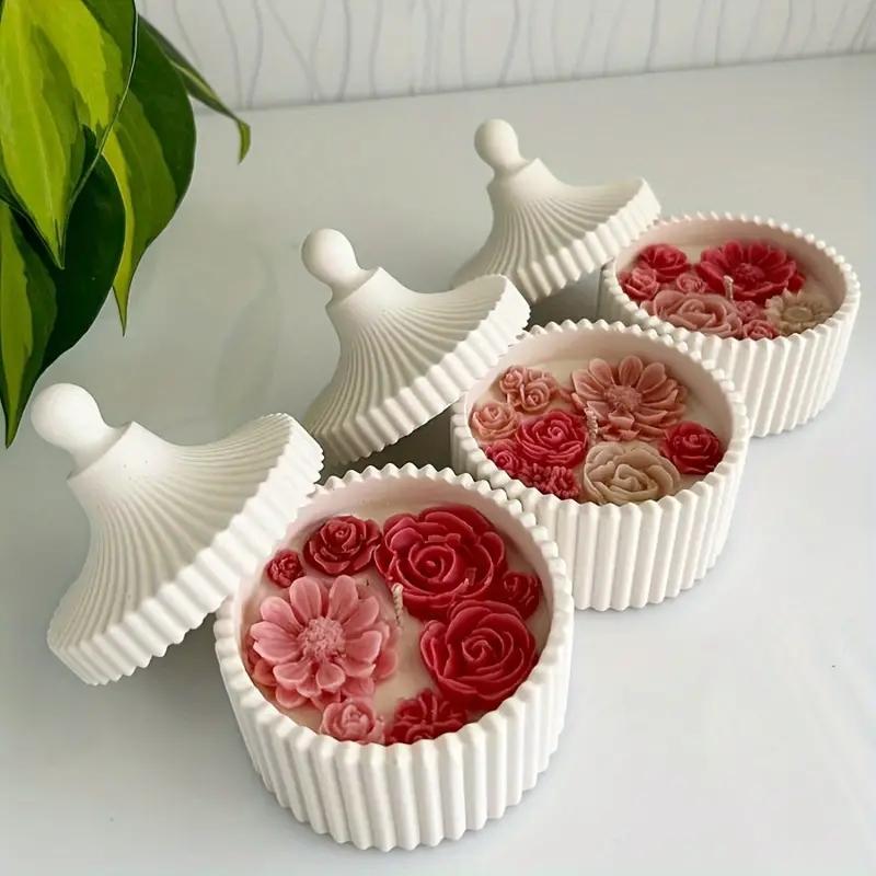 2 stk. silikonform for stearinlys med lokk, rund stripeformet oppbevaringsboks for smykkeskrin, silikonform for å lage gips og betong oppbevaringsboks