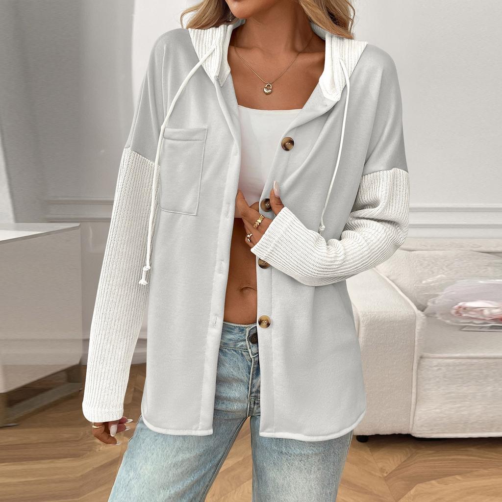 Damen Casual Splicing Langarm Strickjacke Kapuzenpullover mit Taschen