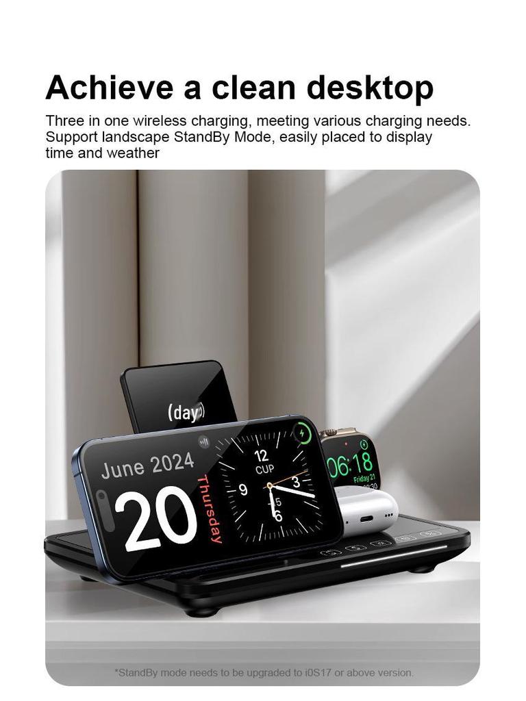 Wireless 4-in-1 Fast Charging Station: Auto Lifting, Folding Design for Phones, Watches, Earbuds, Desk Clock, and Lamp
