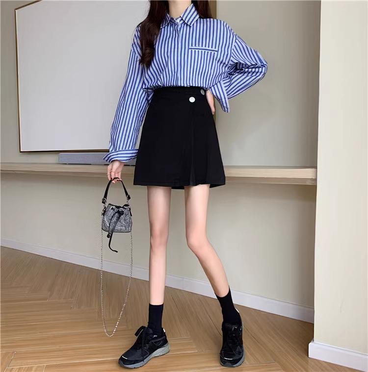 2024 Spring Women's Black High-Waist Irregular A-Line Skirt, Korean Style