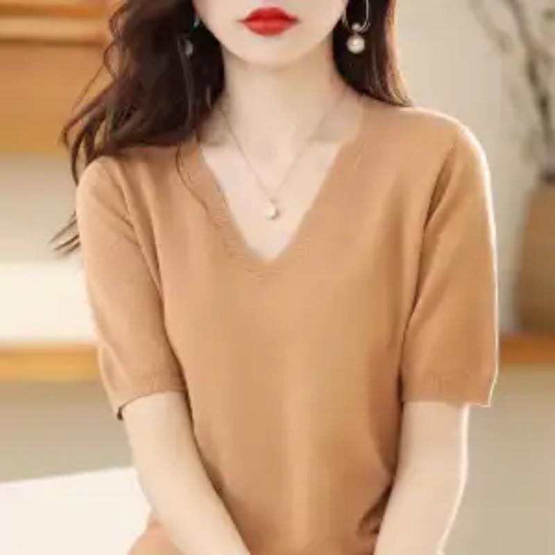 Mode Einfach Sommer Neu V-Ausschnitt T-Shirt Damen Einfarbig Schraubgewinde Temperament Locker Vielseitig Stricktop