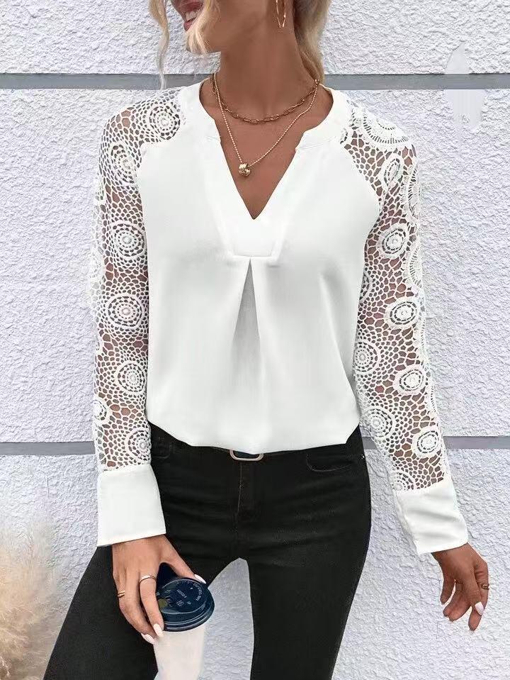Women's Patchwork Lace Long-Sleeve V-Neck Shirt for Spring/Summer