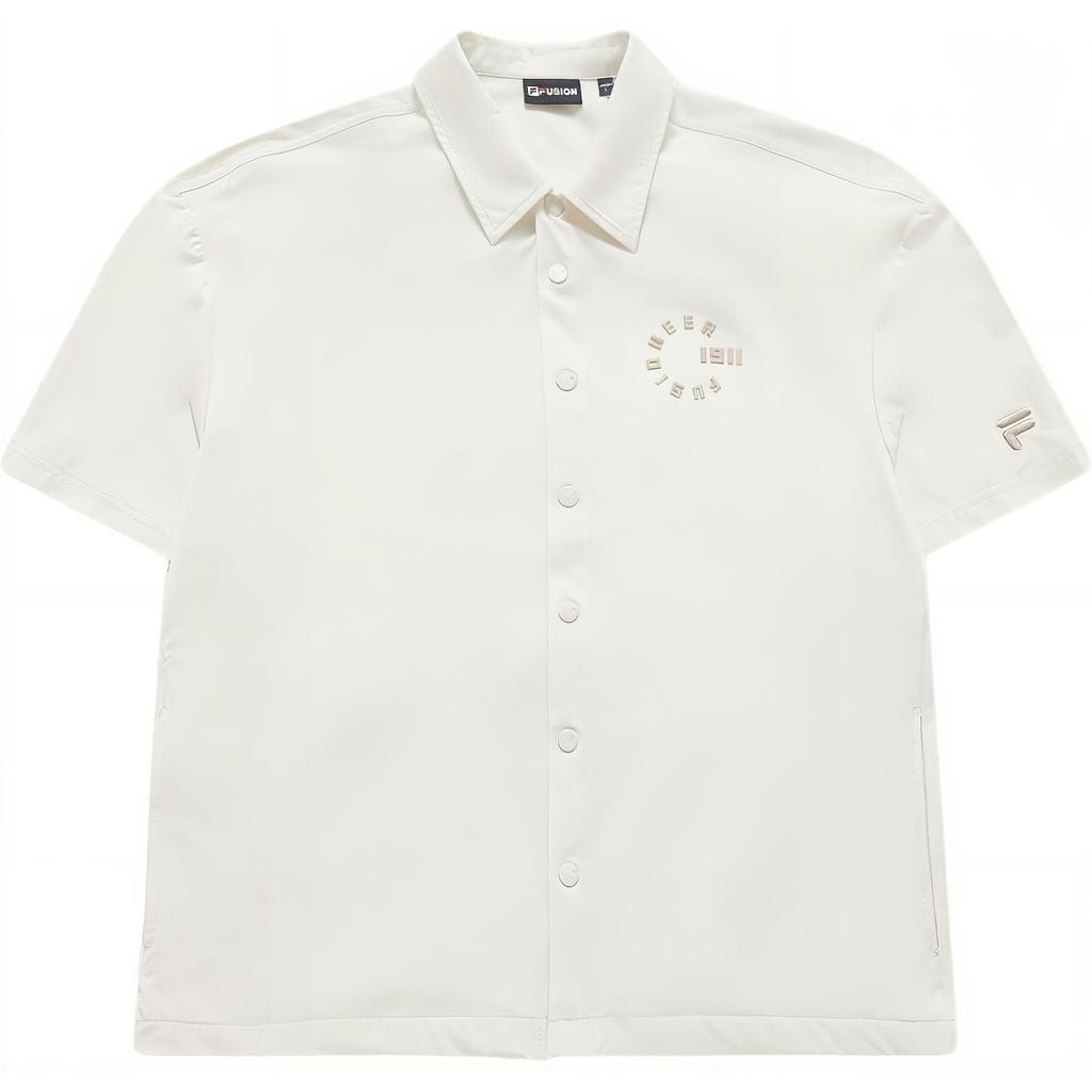 FILA SS24 Solid Color Logo Outdoor Loose Woven Short Sleeve Shirt Unisex shirts Smoky-White T11U423401F-IV