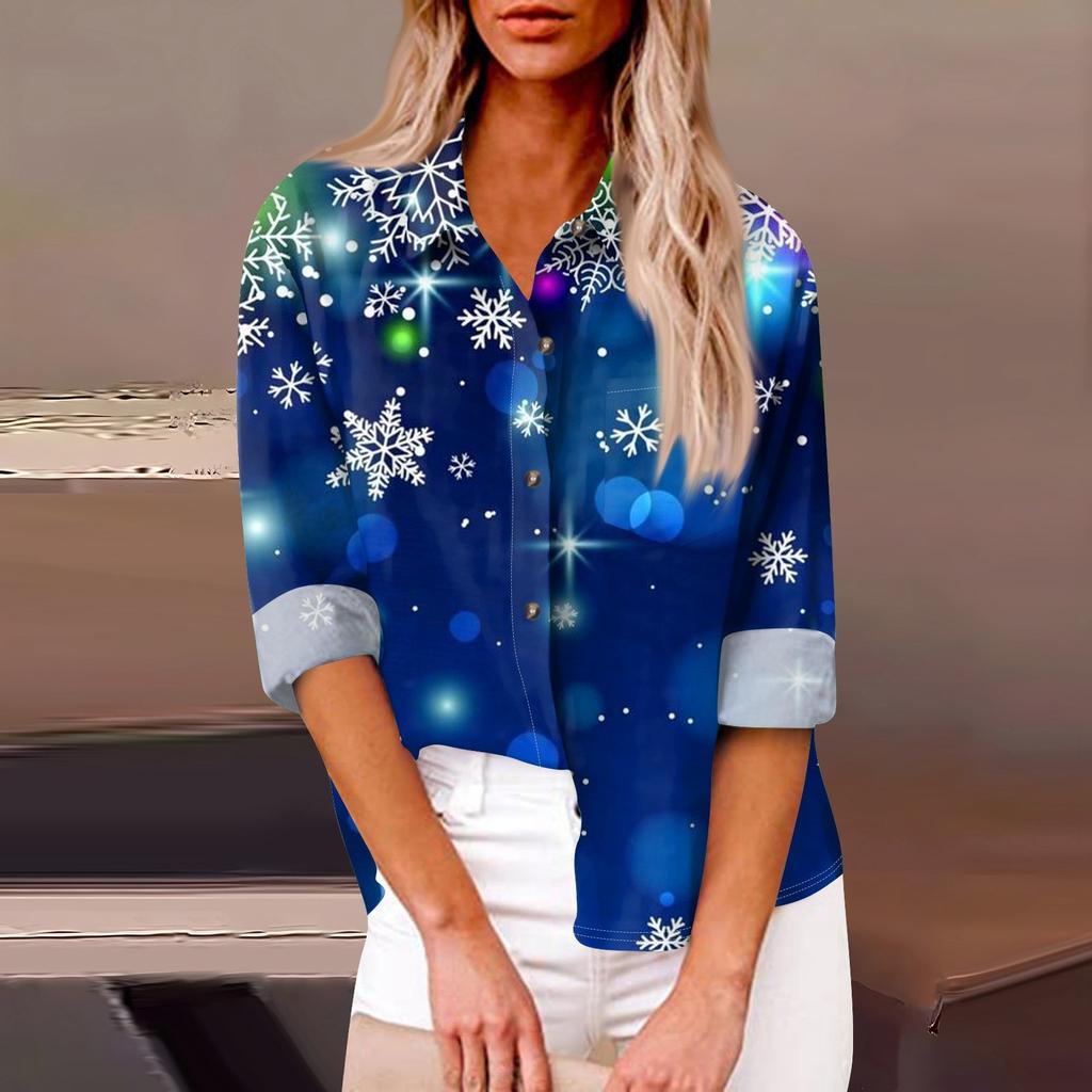 Women's Loose Casual Long-sleeved Christmas Print Shirt Print And Pocket Cardigan