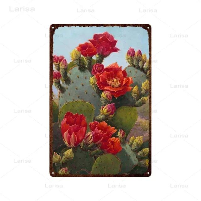 Vintage Floral Metal Plaque  Green Plants  Cactus Tin Sign  Wall Decoration for Garden Kitchen Living Room  Iron Painting Home D