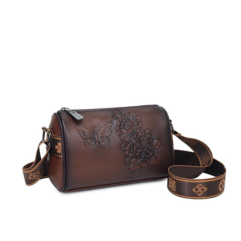 Vintage PU Leather Women Cylinder Crossbody Bag Butterfly Floral Embossed Shoulder Bag Wide Strap Retro Ladies Small Handbag for Daily Shopping