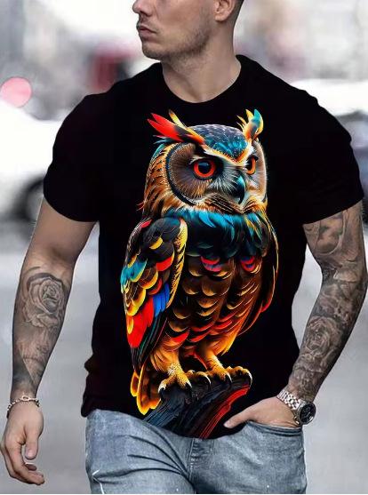 Novel Owl Pattern 3D Printed Crew Men's T-Shirt Summer Animal Oversized Shirt Men's Anime