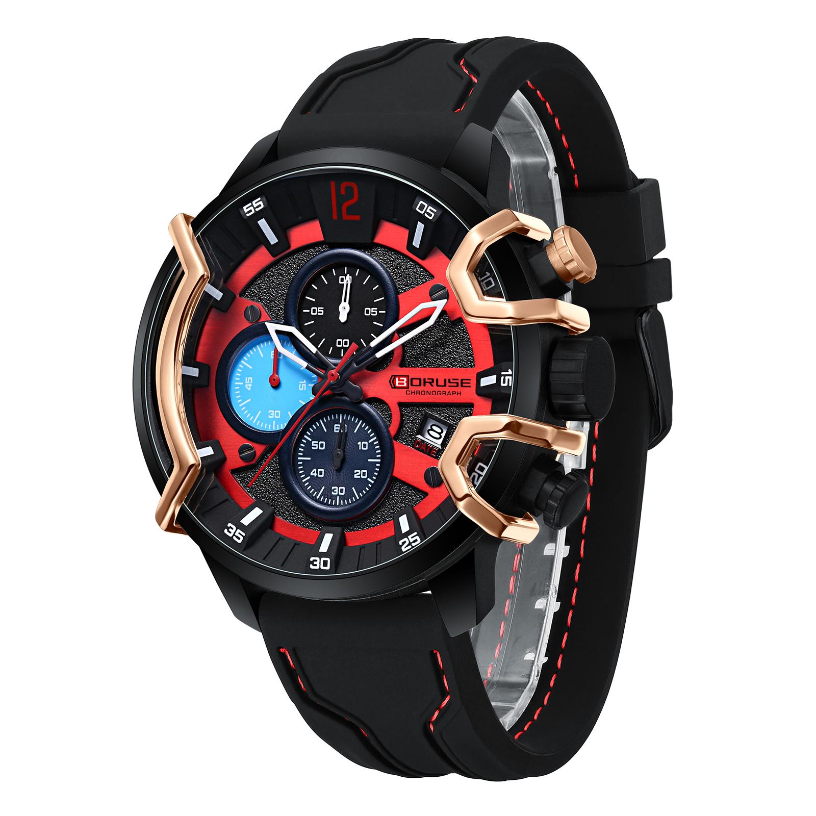 

BORUSE Модний чоловічий годинник Покажчик Кварцовий Чоловічий годинник Великий циферблат Чоловічий годинник Календар Чоловічий годинник силіконовий ремінь чорний/червоний