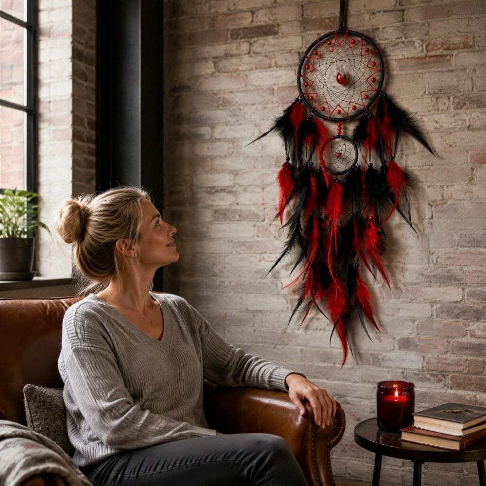 Red Black Color Dream Catcher Dual Ring Design Wall Hanging Decor Hanging Pendant Wall Display