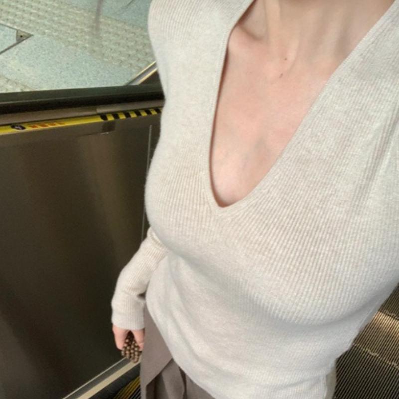 Instagram Baddie V-Ausschnitt Stricktop Damen Frühling Herbst Winter Basisschicht Slim Fit Taillenbetonend Enganliegend Normale Ärmel Lange Bluse