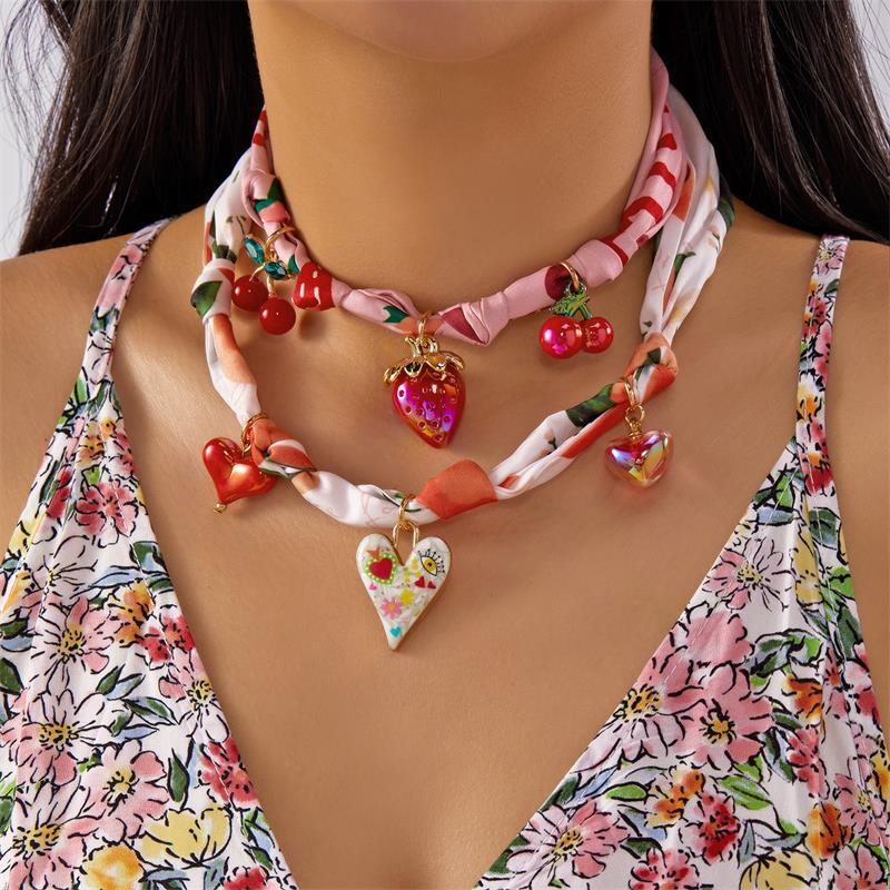 Bohemian Style Satin Bandana Scarf Necklace Vintage Flower Heart Bow Cherry Charm Scarf Pendant Fashion Women Jewelry Accessory