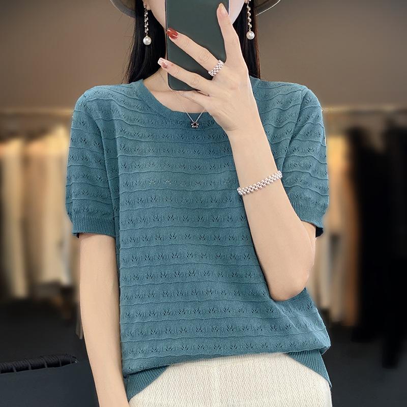 Summer New Round Neck Knitted T-shirt for Women Thin Hollow Leisure Top T-shirt